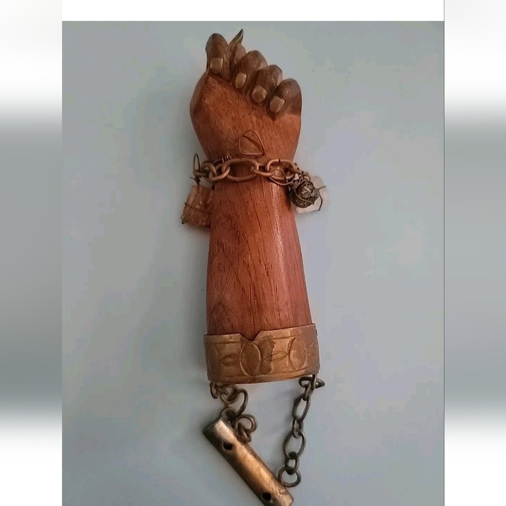 Old Hand Carved Wood Figa Fist W/Gemstone Jewelry Brass Fingernails And Cuff